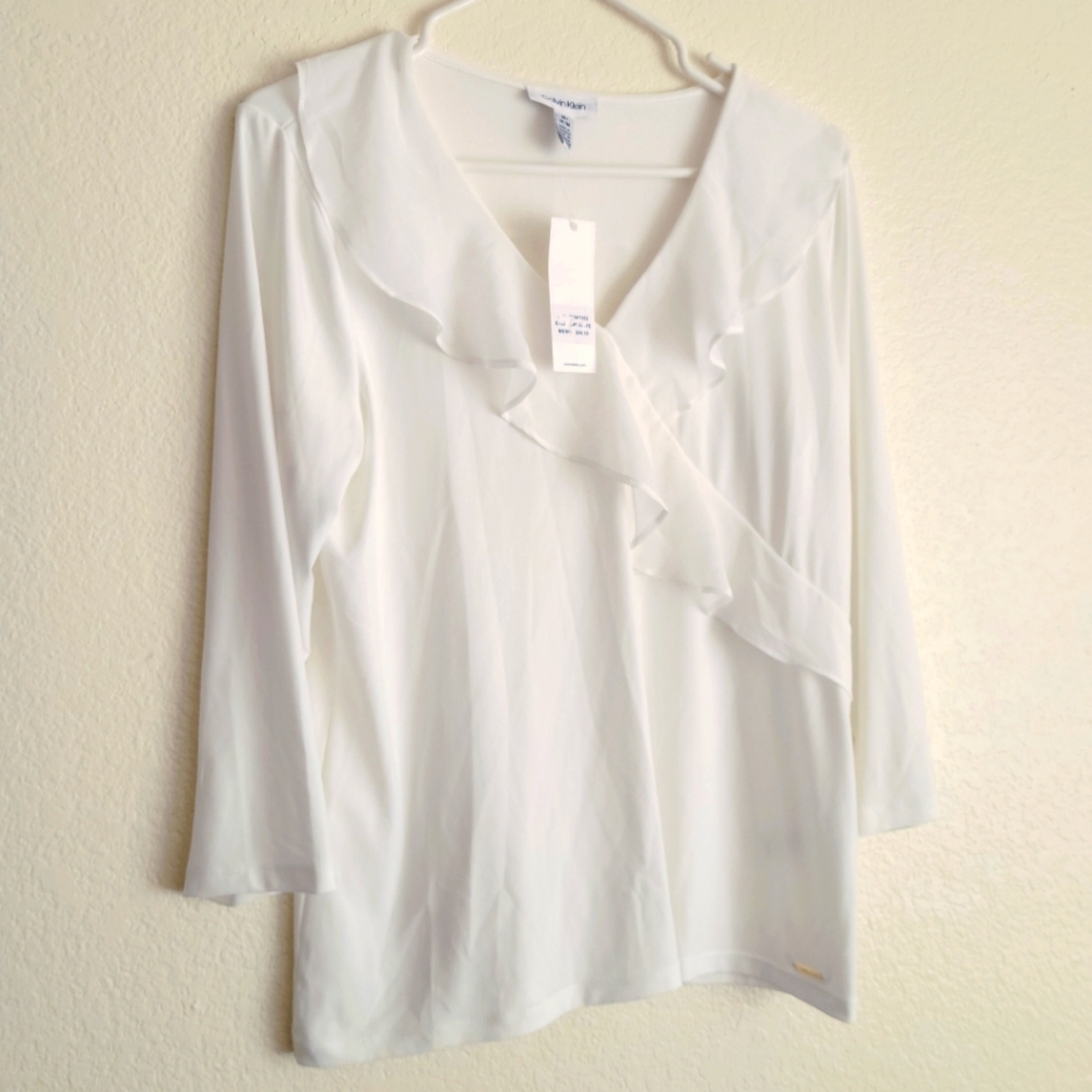 CALVIN KLEIN Ruffled White Top